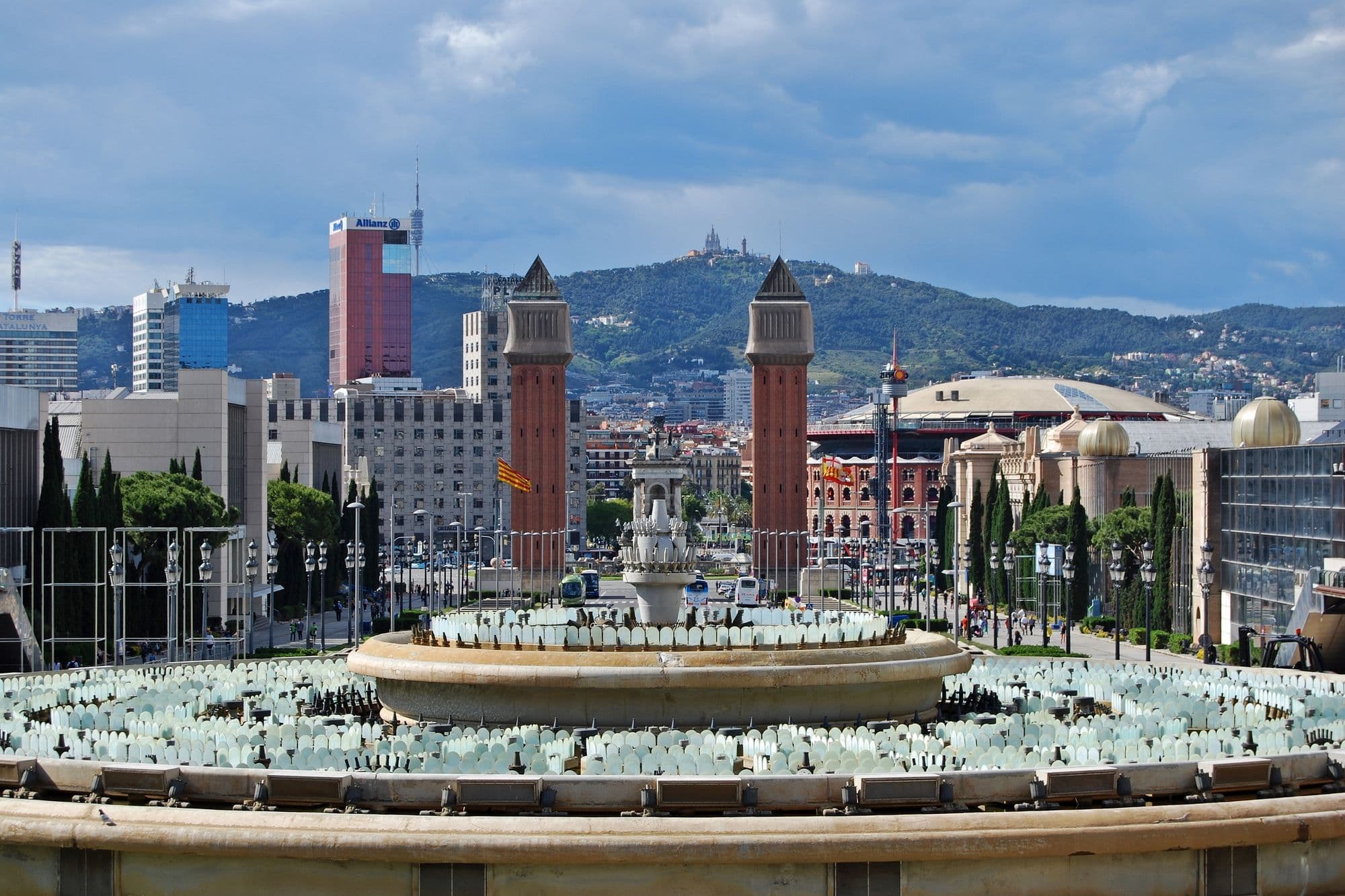 Looking down from Montjuïc over the Magic Fountain to the two Venetian towers of Plaça d’Espanya, the hills of Collserola behind.